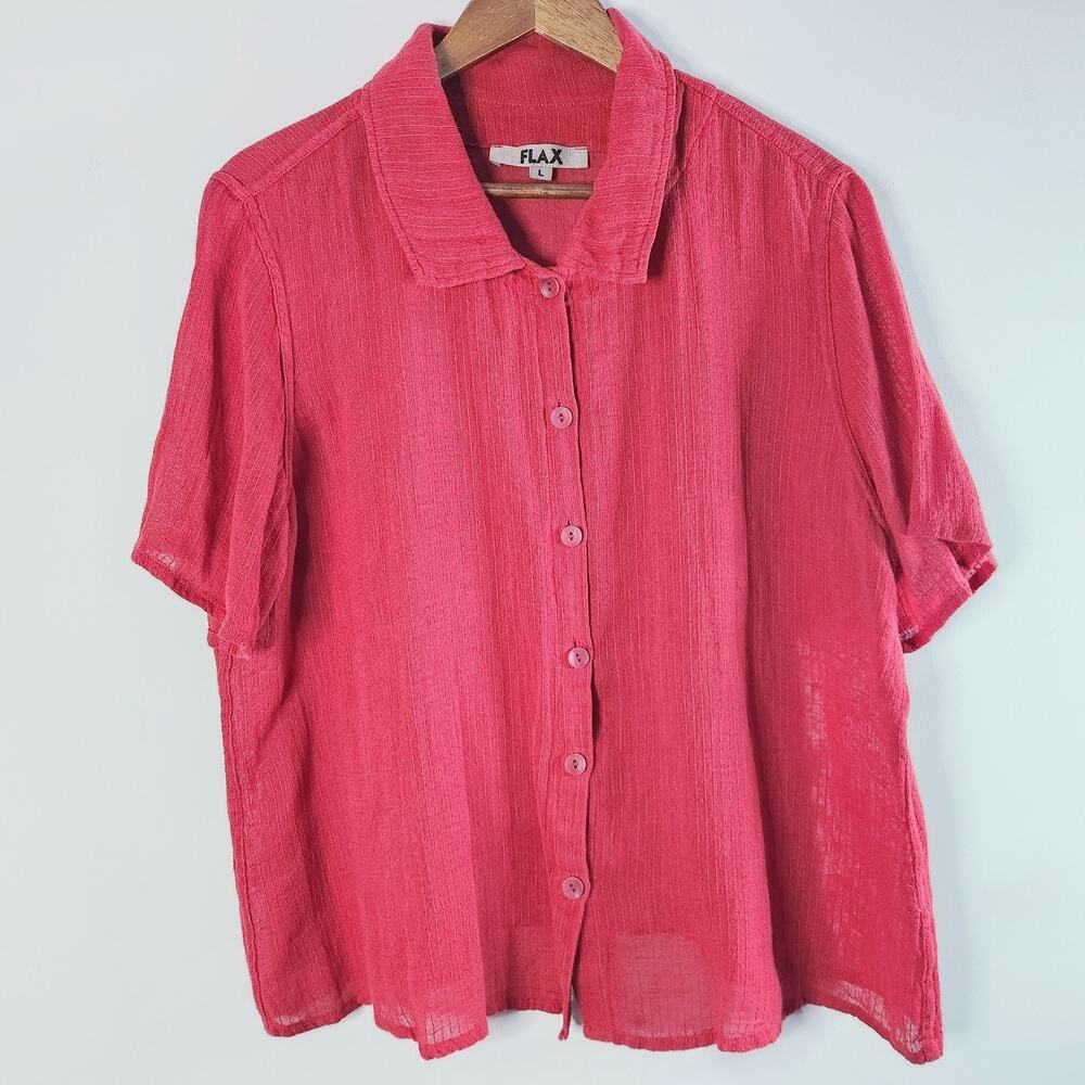 Flax Womens Red Linen Blend Lightweight Button Up Blouse Size Large Lagenlook